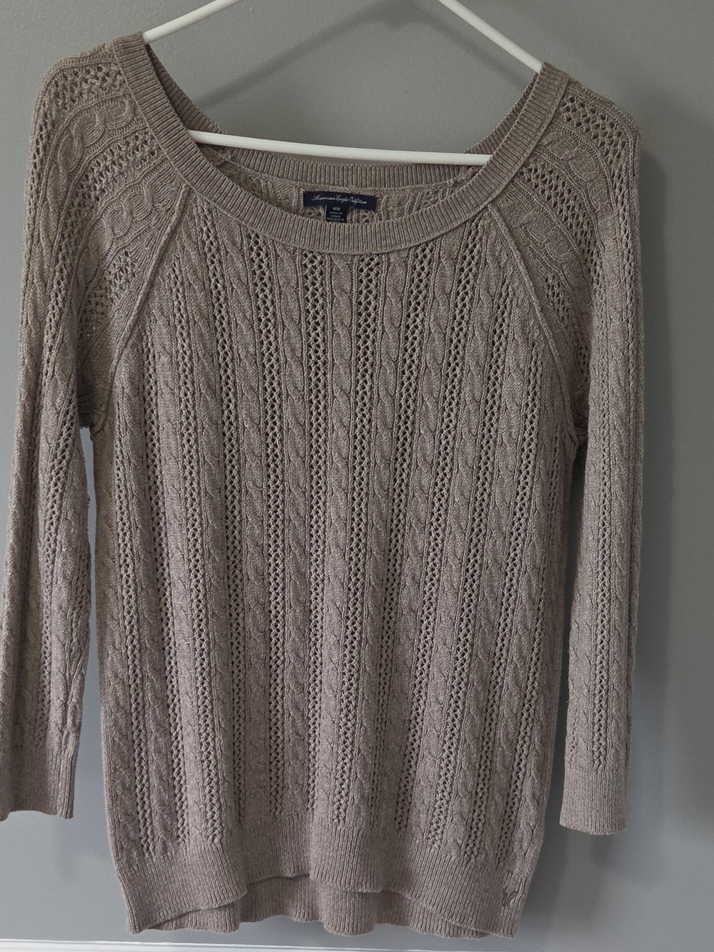 American Eagle Outfitters Taupe Cable-Knit Scoop Neck Sweater Size M 3/4 Sleeves